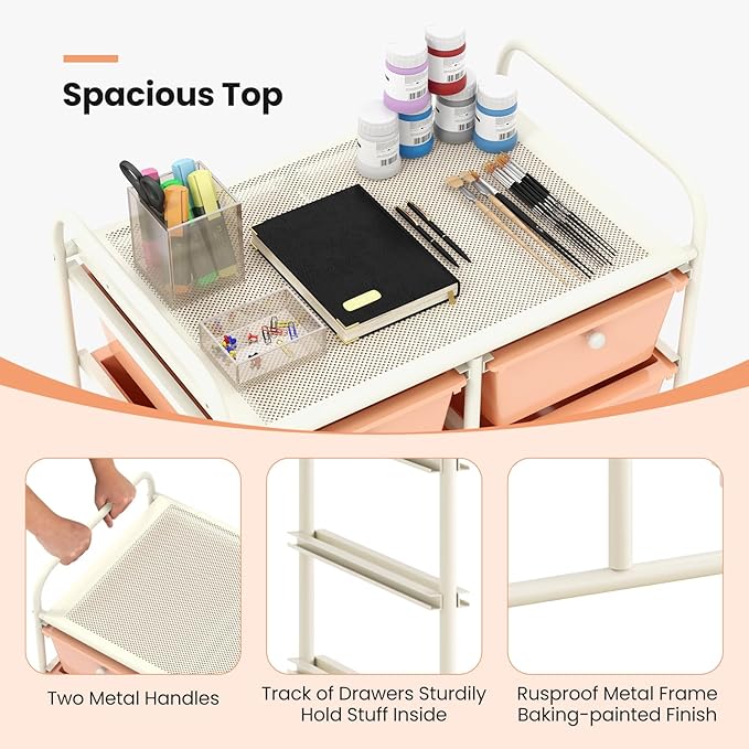 Giantex 10 Drawers Rolling Cart, Classroom Organizers, Storage Cart with Wheels, for Teacher Office Home School Supplies Tool Craft Art Paper, Peach Fuzz