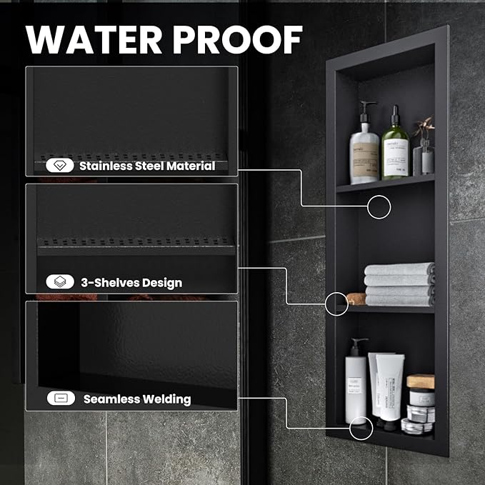 12" x 36" Stainless Steel Shower Niche, 3-Tier Waterproof Shelves, No-Tile Needed Bathroom Organizer, Rustproof Wall Shelf for Shampoo, Soap & Toiletries, Black