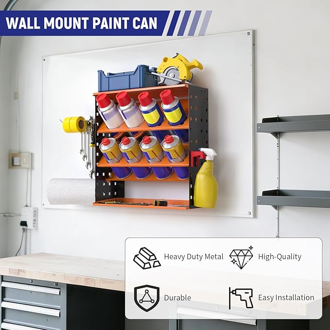 Wall Mount Spray Can Holder, Aerosol Spray Bottle Holder Storage Rack, Heavy-Duty Paint Bottle Organizer with 8 Can Holes & 4 Steel Hooks, 4 Plastic Hooks for Garage, Shop, Home or Tool Trailer