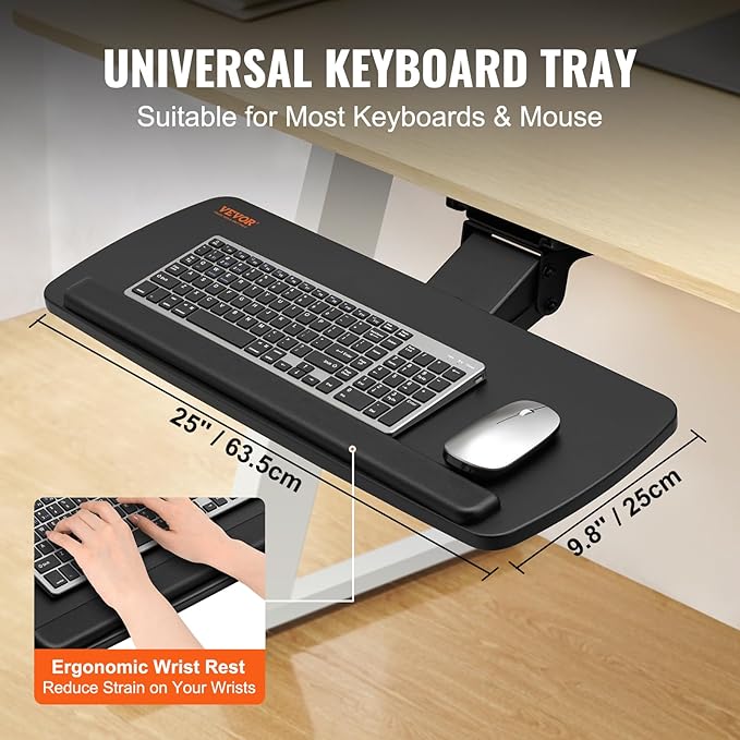 VEVOR Under-Desk Keyboard Tray, Adjustable for Height and Tilt, Slide-Out Design, Spacious 25x9.8 Inch Surface, Ideal for Home and Office Use