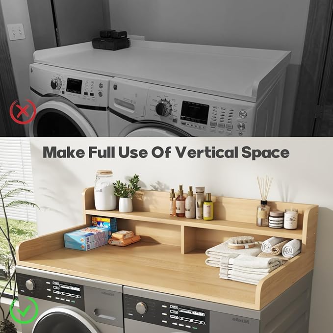 2-Tier Washer and Dryer Countertop with 2.75" H Guard,54" W x 27.5" D Laundry Countertop Cover with Non-Slip Pad,Large Space Laundry Topper for Folding Clothes Over Washer-Pure Wood Color
