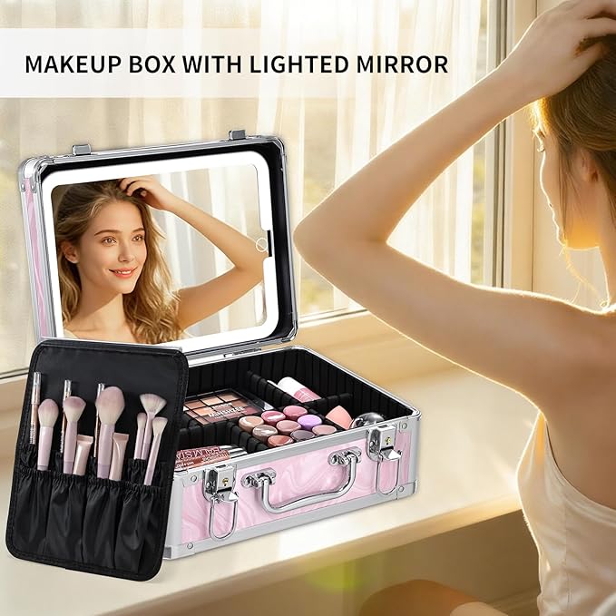 Makeup Case with LED Mirror - Pink Fluid-Color Makeup Box with Detachable Lighted Mirror, Travel Cosmetic Train Case Organizer with Adjustable Dividers and Tool Panel for Brushes