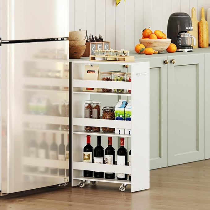 Small Kitchen Cart, 4-Tier Slim Rolling Island w/Handle, Laundry Room Storage Organizers Between Washer and Dryer, Narrow Spice Rack on Wheels Next to Fridge (White, 8'')