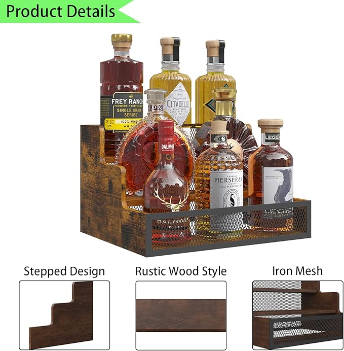 3-Tier Liquor Bottle Display Shelf, Rustic Wooden Bottle Holder Stand for Liquor Whiskey Wine Coffee Bottle Display with Fences, Storage Countertop Shelf for Café, Bar, Office Station