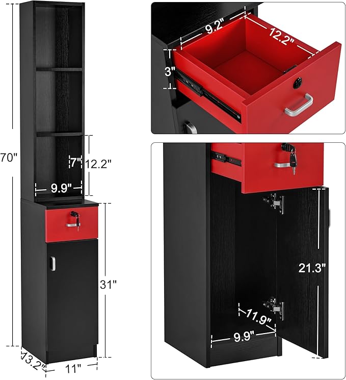 BarberPub Locking Wall Mount Hair Styling Barber Station Drawer Storage Beauty Salon Spa Equipment 3036-1 (Black&Red-Handle Left)