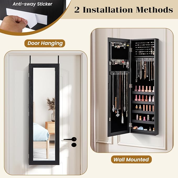 Giantex Wall or Door Mounted Jewelry Cabinet with Full Length Mirror, Over The Door Jewelry Armoire Organizer, Hanging Storage Cabinet with Necklace Hooks, Earring Slots, Ring Slots & Shelves (Black)