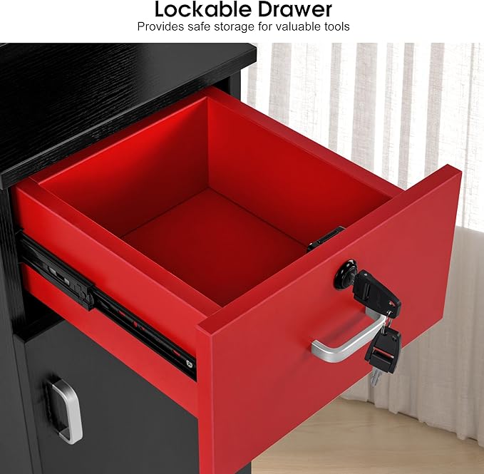BarberPub Locking Wall Mount Hair Styling Barber Station Drawer Storage Beauty Salon Spa Equipment 3036-1 (Black&Red-Handle Left)
