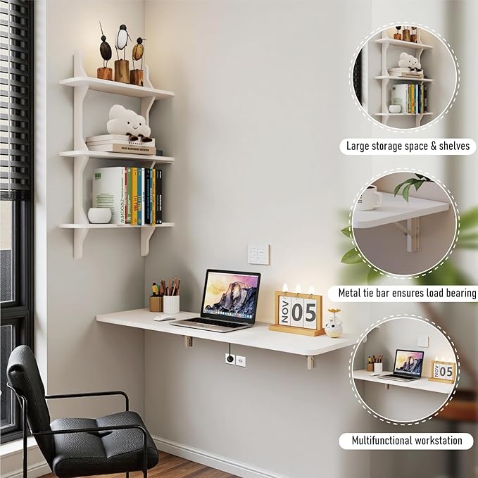 Pmnianhua Wall Mounted Folding Table, 47'' Floating Laptop Desk with Shelves, Foldable Drop Leaf Table, Wall Mount Fold Down Table for Laundry Room Kitchen Bar Home Office Small Space(White)