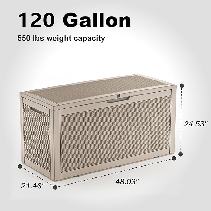 EasyUp 120 Gallon Outdoor Storage Box Waterproof, UV Resistant Resin Deck Box with Hydraulic Rod, Reinforced Stability for Patio, Garden, Rattan Gray