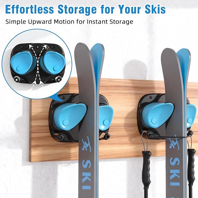 WDZREE Ski & Snowboard Wall Rack for Garage, Fits Any Ski or Board, Ski Wall Mount Garage Organization Holders, Damage-Free Storage Rack, Space-Saving Clamp Winter Gear Organizer, Blue (2 Pack)