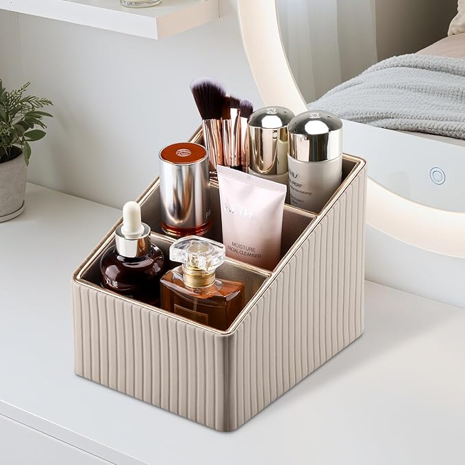 KINGFOM 3 Slot PU Leather Remote Controller Holder, Home Sundries Storage Box, TV Guide/Mail/CD Organizer/Caddy/Holder with Free Cable Desk Organizer (Dark Beige)