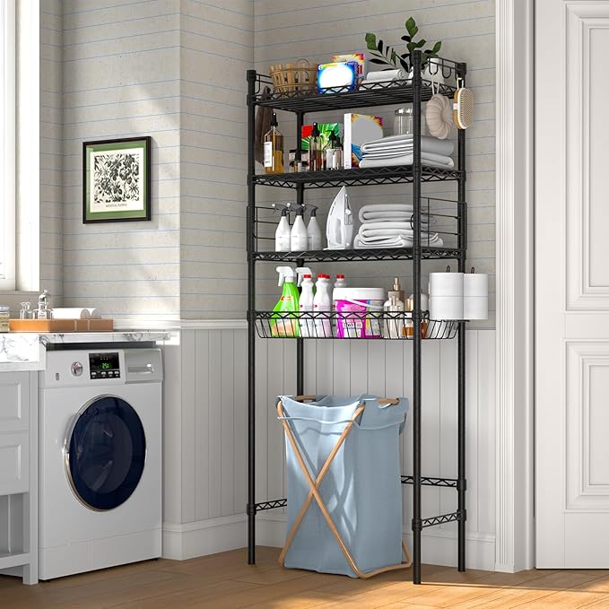 PrimeZone Over The Toilet Storage Shelf - 4 Tier Adjustable Metal Bathroom Wire Shelves Organizer with 2 Hooks, Freestanding Above Toilet Storage Rack for Bathroom Laundry, Black