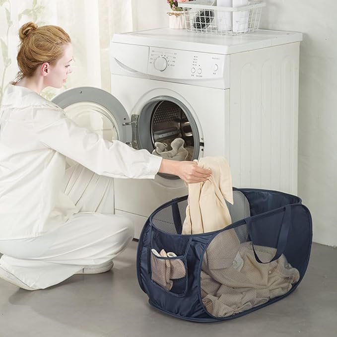 HONOMA Sturdy Mesh Laundry Hamper Basket Bag,Pop up Basket with Side Pocket for Laundry Room, Bathroom, Kids Room, College Dorm or Travel (Pop Horizontal, Grey + Grey)