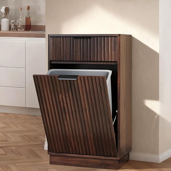 Tilt Out Trash Can Cabinet, Hidden Garbage Can Cabinet with Storage Drawers, Wave-Textured Front, 10 Gallon, Walnut