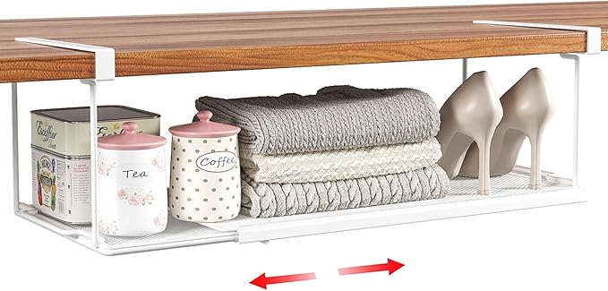 Expandable Under Cabinet Shelf, Extendable Under Shelf Storage with 0.94 Inches Thick Clips for Shoe Rack, Pantry Cabinet, Laundry Room. (White, 1 Pack, Interior: 6" H x 8.26" D)