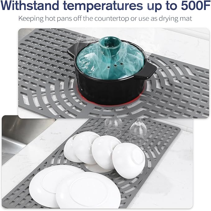 Silicone Sink Protector 24"x12" Center Drain Hole, Heat Resistant Non-slip Dishwasher Suitable, Large Mat for Bottom of Farmhouse Kitchen Stainless Steel Sink (Grey)