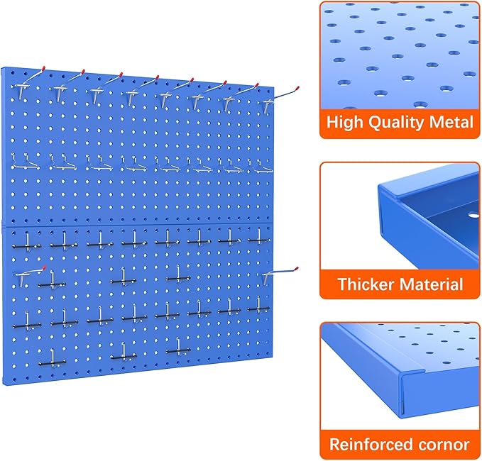 TORACK Metal Pegboard Wall Organizer 24" x 24" or 12" x 48", 70 PCS Tools Storage Pegboard for Garage Tool Organizer Pegboard with Peg Board Hooks for Workbench(Blue)