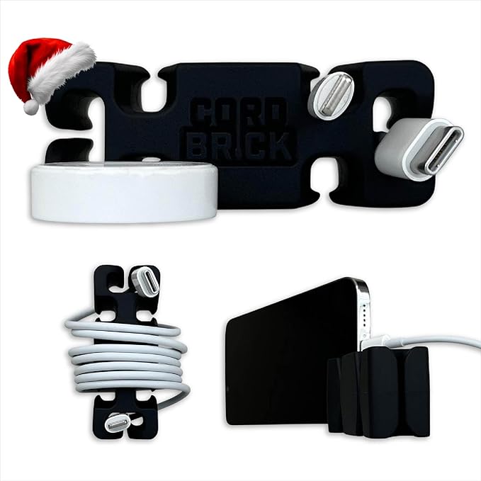 CordBrick Stocking Stuffers for Adults Cord Management Weighted Cord Holder Cable Wrap Phone Stand - Multiuse Gadget Organizer for Nightstand, Desk. Gift for Men, Durable Silicone. 1pk Black