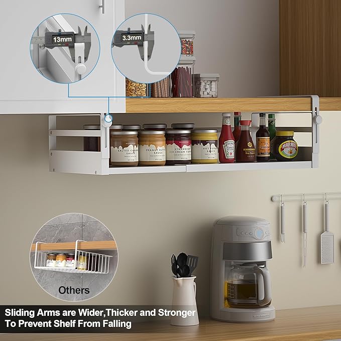 2Pack Under Shelf Basket Organizer, Adjustable Under Cabinet Shelf Storage, Hanging Holder Length Stretchable 13-21Inch for Kitchen Pantry Desk Counter Bookshelf Cupboard (White)