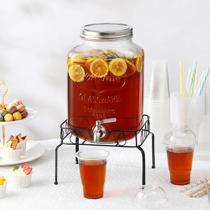 2 Gallon Glass Beverage Dispenser with Stand and Lid, 18/8 Stainless Steel Spigot - Glass Drink Dispensers for Parties - Mason Jar Drink Dispensers with Lids