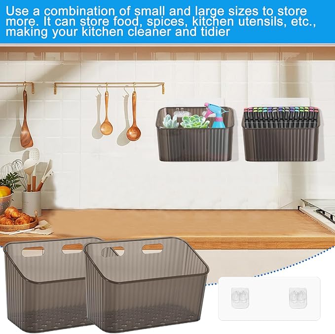 6Pcs Storage Organizer Bins Wall Mounted Organizer Basket Large Size Clear Plastic Makeup Organizer Adhesive Hanging Bin for Bathroom Kitchen Pantry（Grey）