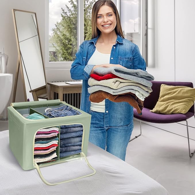 Sorbus Storage Bins with Divided Interior - Large Stackable & Foldable Organizer Containers with Metal Frame, Oxford Fabric, Large Window & Carry Handles - Organization for Bedroom, Linens & Clothes
