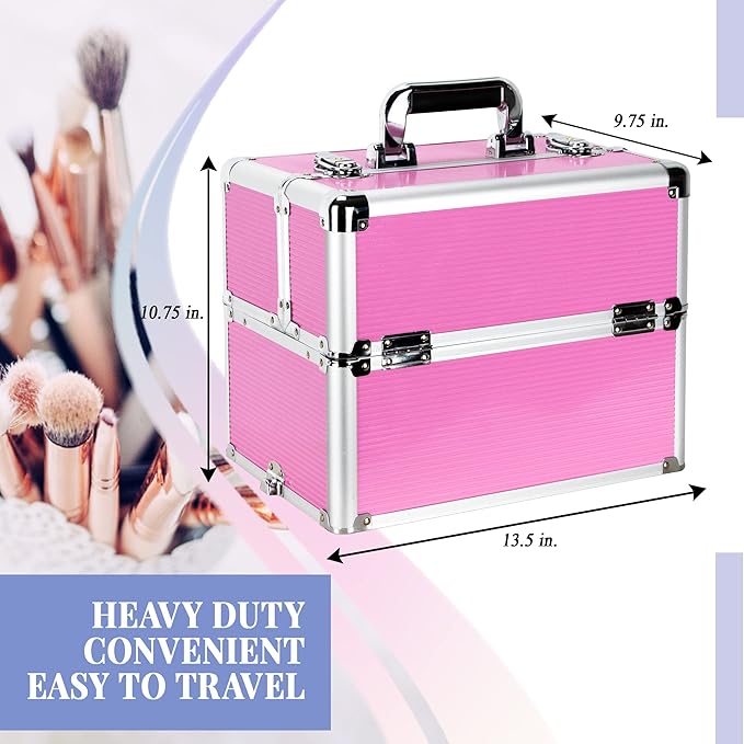 Ver Beauty Makeup Organizer, Cosmetic Travel Kit, Makeup Artist Supplies, 2 Sliding Trays, Lockable Storage Box, Makeup Train Case, Aluminium Case, Lightweight Makeup Vanity (Pink Stripes)