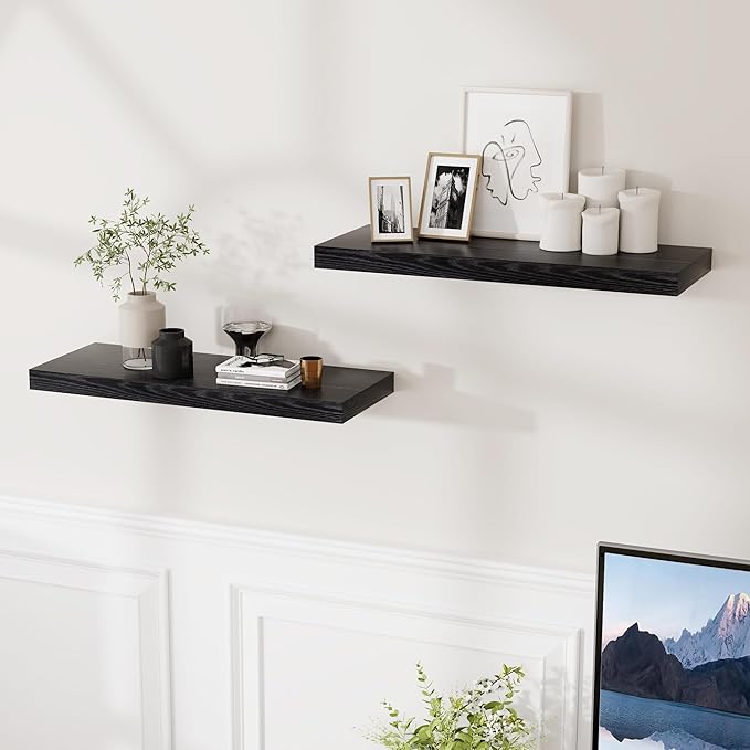 Black Floating Shelves 24 Inch Long 2 Pack for Bedroom|Kitchen|Bathroom, Wall Mounted Rustic Wood Wall Shelves, 9.3 Inch deep Floating Shelf with Invisible Brackets for Books|Storage|Decor
