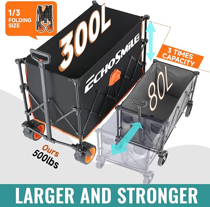 EchoSmile Collapsible Foldable Extended Wagon with 500lbs Weight Capacity, 300L Folding Utility Wagon Cart with Big All-Terrain Wheels for Beach,Sport,Gargen&Grocery,Black & Orange