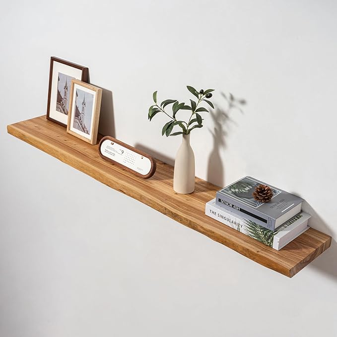 Axeman 55 inch Floating Shelves for Wall - 8'' D Live Edge Rustic Solid Elm Wood Floating Shelves Wall Mounted, Hanging Shelves with Invisible Bracket for Living Room Bedroom Kitchen, Natural