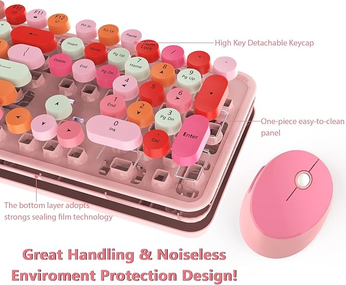 KOOTOP Cute Pink Wireless Keyboard and Mouse, 2.4G Retro Round Keycap for PC, Mac, Laptop, Tablet, Computer Windows