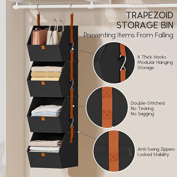 Hanging Closet Organizer 4 Tier - Clothes Hanging Shelves, Space-Saving Closet System, Fabric Storage Bins Bedroom Organization, Collapsible Baskets for Home, Dorm, Rv, Black, 2 Pack