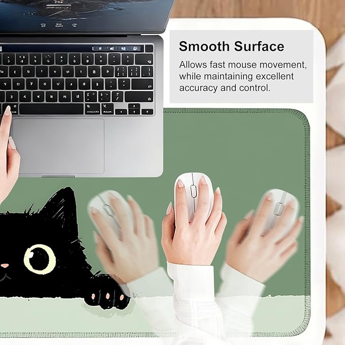 Cute Black Cat Large Mouse Pad – Extended Desk Mat 31.5 x 11.8 in– Kawaii Kitty Peeking Over Edge, Green Background, Non-Slip Rubber Base, Waterproof Keyboard & Mouse Pad for Office or Gaming