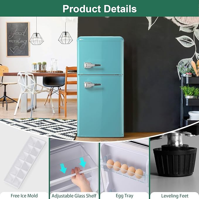 Retro Mini Fridge 3.5 Cu. Ft. Apartment Size Refrigerator with Freezer, 7-Level Adjustable Thermostat Small Retro Refrigerator with Freezer 2-Door Vintage Compact Fridge for Dorm Office RV, Mint Blue