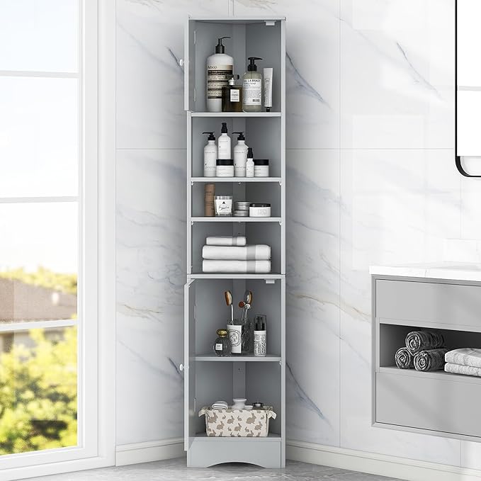66.9" Tall Corner Bathroom Cabinet with Doors, Freestanding Triangle Storage Cabinet with Adjustable Shelves & Open Shelf, Water-Resistant MDF, Space-Saving Organizer with Anti-Tip Device, Grey