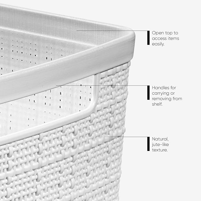 Curver Set of 8 Small 4.5L Jute Decorative Plastic Organization and Storage Baskets - Perfect Bins for Home Office, Closet Shelves, Kitchen Pantry and All Bedroom Essentials, White
