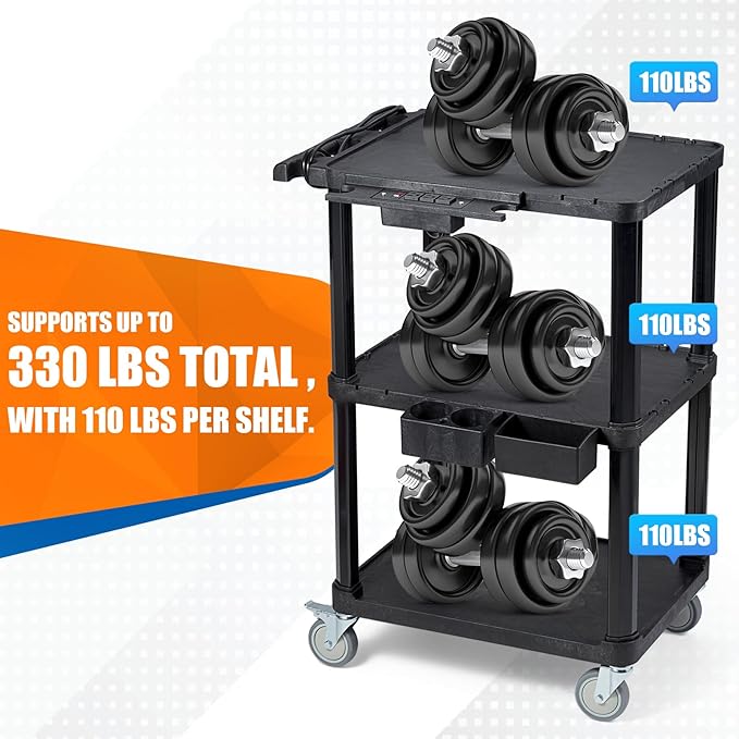 ELAFROS Heavy Duty 3-Tier AV Cart with Power Strip, 27.5 x 18.25 Inch, Industrial Plastic, 330 lbs Capacity, Flat Top Shelves with Swivel Wheels – Multipurpose Rolling cart