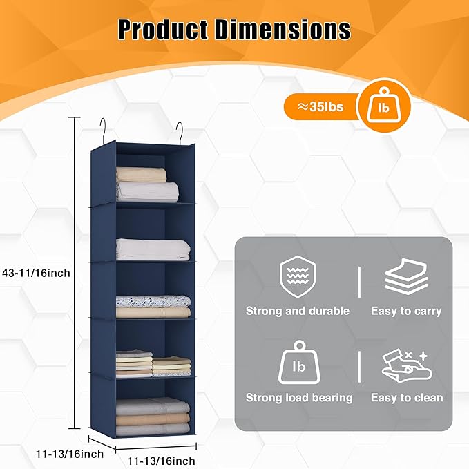 Hanging Closet Organizer and Storage 5-Shelf, Easy Mount Foldable Hanging Closet Wardrobe Storage Shelves, Clothes Handbag Shoes Accessories Storage, Washable Oxford Cloth Fabric, Navy Blue
