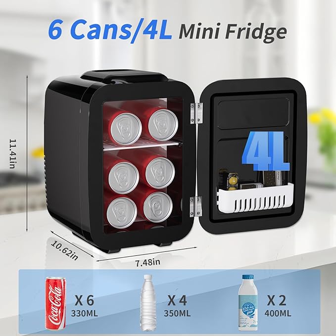 Mini Fridge, 4 Liter/6 Cans Small Refrigerator for Skincare, 110V AC/ 12V DC Thermoelectric Cooler and Warmer for Bedroom, Office, Dorm, Car, Black