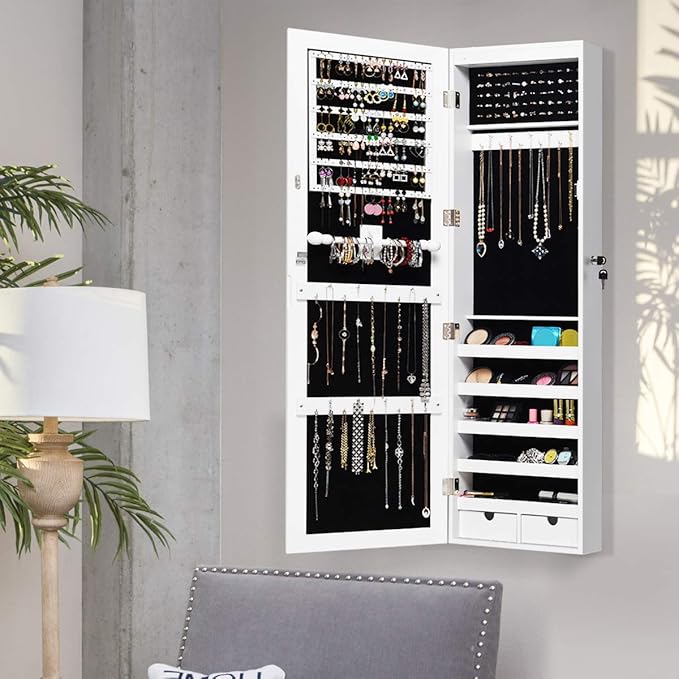 Giantex Jewelry Armoire Cabinet Wall Mounted Door Hanging, Lockable Jewelry Cabinet with Full Length Mirror, 15 LED Lights, Large Storage Jewelry Box Organizers with 2 Drawers (14.5"W x 4"D x 47.5"H)