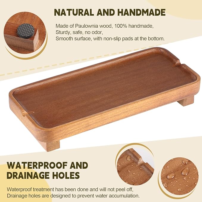Wood Riser Small Decorative Tray Sink Soap Dish, Vanity Tray Pedestal Stand 10 * 4.5 inches (Light Brown)