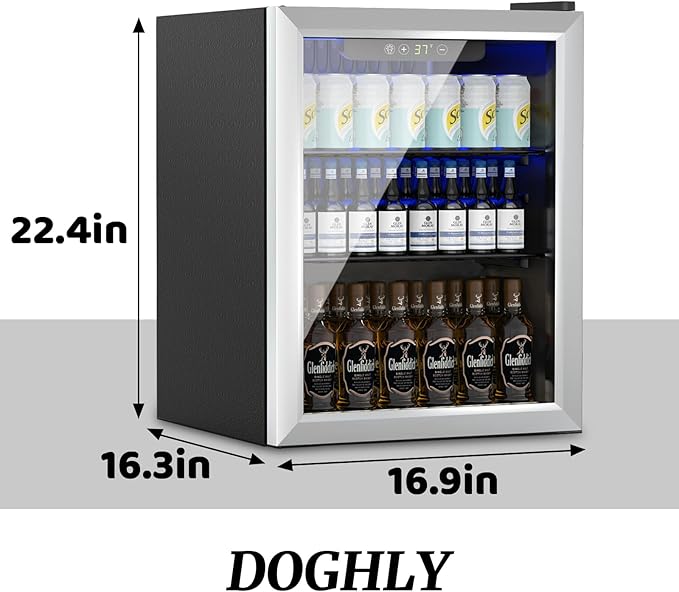 1.7 Cu.ft Beverage Refrigerator Cooler, 72 Cans Mini Fridge with Glass Reversible Door, Digital Temperature Display for Soda, Beer or Wine For Office or Bar with Removable Shelves
