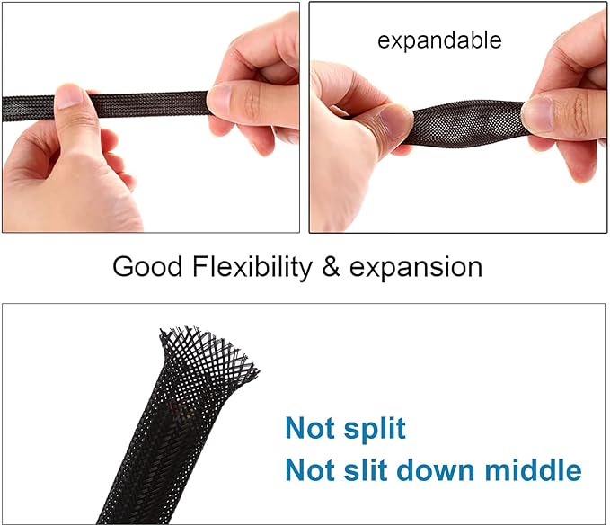 25ft - 3/8 inch PET Expandable Braided Sleeving – Black – Alex Tech Braided Cable Sleeve