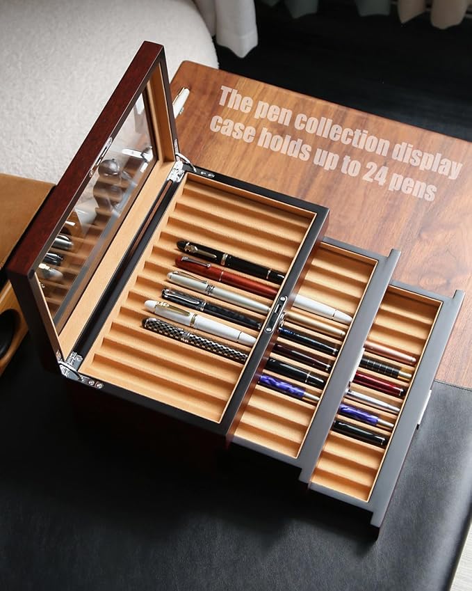 Wood Pen Display case 36 Slot Fountain Pen Box Storage Organizer with Drawer, Top Glass Window Pen Collection Display Case