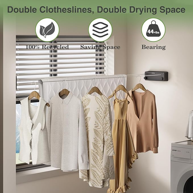 Danpoo Retractable Clothesline Outdoor Heavy Duty, 2x13.8ft Stainless Steel Double Clothes Line for Outdoors - for Patio/Backyard/RV Wall Mounting(Black)