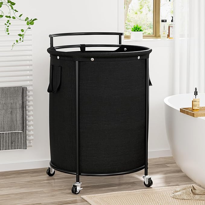 Chrislley 200L Laundry Basket with Wheels,2 section Rolling Laundry Hamper with Removable Bag,Round Laundry Cart with Steel Frame and Handle,Large Dirty Clothes Hamper for Laundry Room,Bedroom(Black)