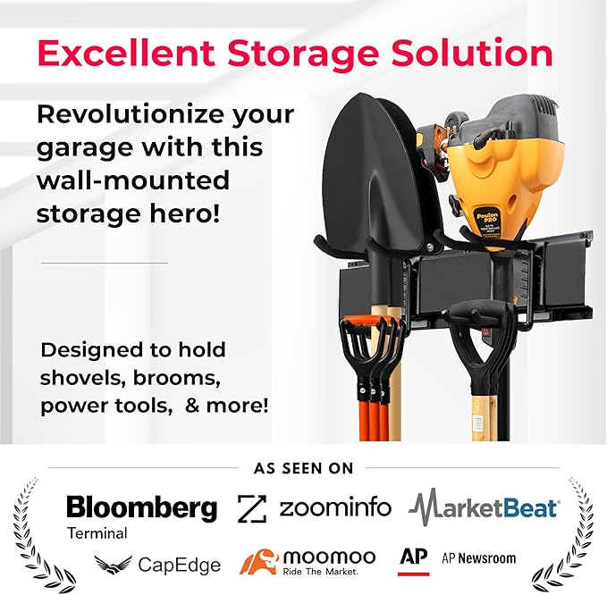 TIDYME Garage Wall Organizer | 96" Heavy-Duty Tool Storage Rack | Adjustable Double-Layer Hooks | 600 lbs Capacity | Carbon Steel Wall Mount Holder for Shovels, Rakes, Ladders & Power Tools