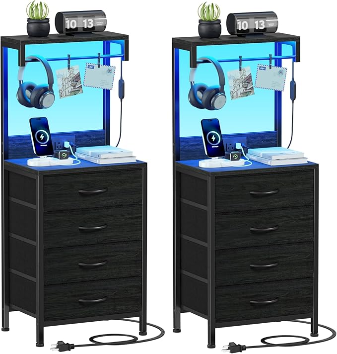 Furnulem Night Stand Set 2, Tall Nightstand with Charging Station and LED Lights, Bedside Tables with 4 Fabric Drawers and Storage Shelves, Black Nightstand Set of 2 for Bedroom (Black Oak)