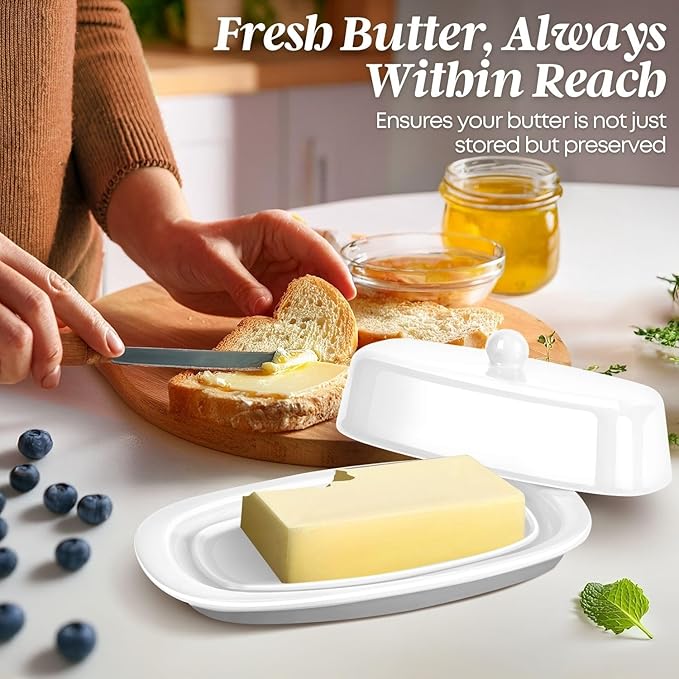 Flexzion Ceramic White European Butter Dish with Lid for Countertop (7 Inch) - 1 Stick Butter Holder for Counter, Cream Cheese Container Storage Keeper