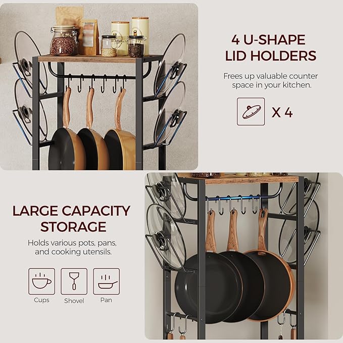 4-Tier Pot Rack, Pots and Pans Organizerand for Kitchen, Lid Organizer Rack with U-Shaped Lid Holders, Kitchen Storage Shelf for Standing Cookware, Rustic Brown and Black POHR3001
